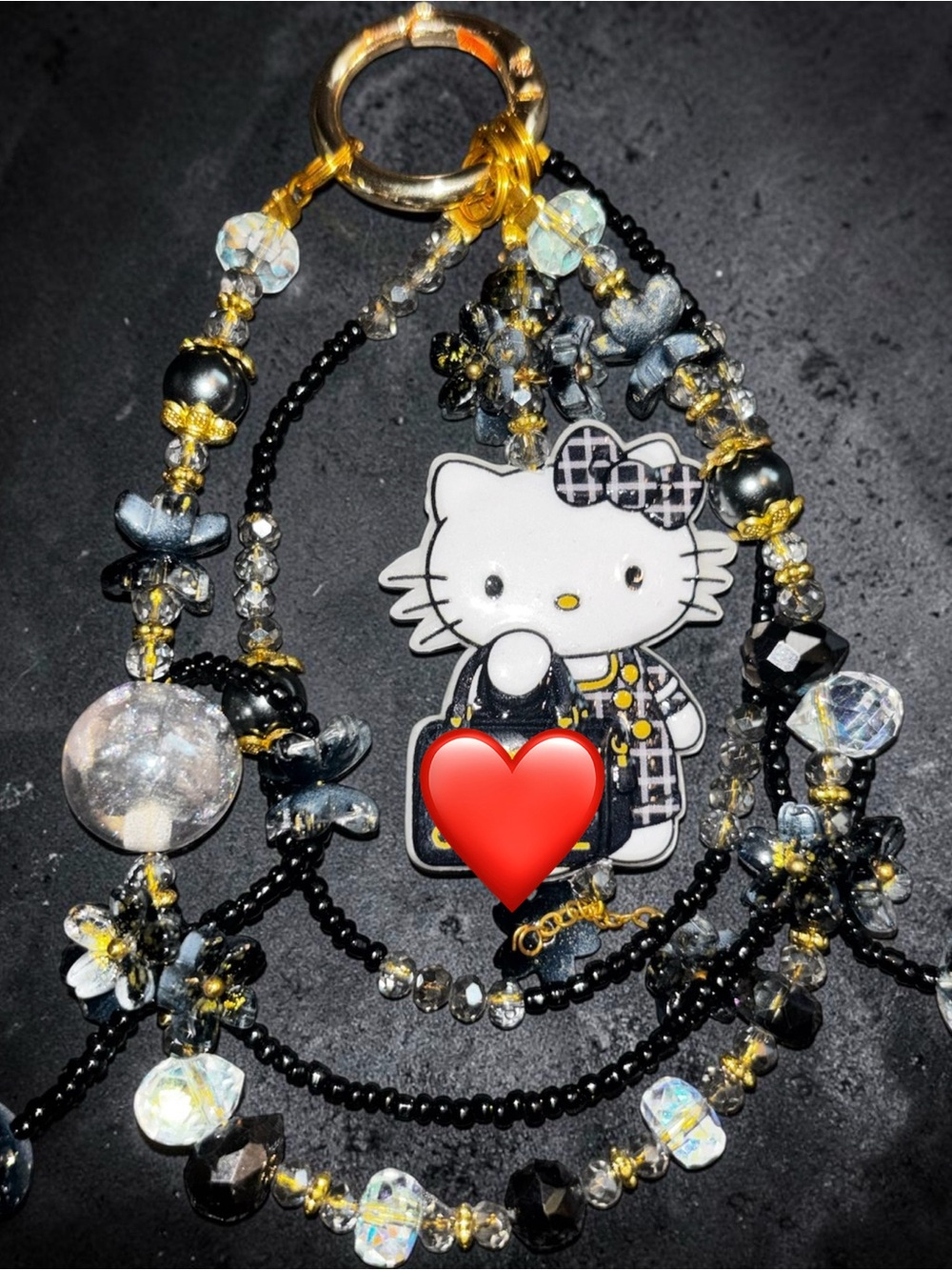 Hello Kitty Black, Gold & Clear Beaded purse charm